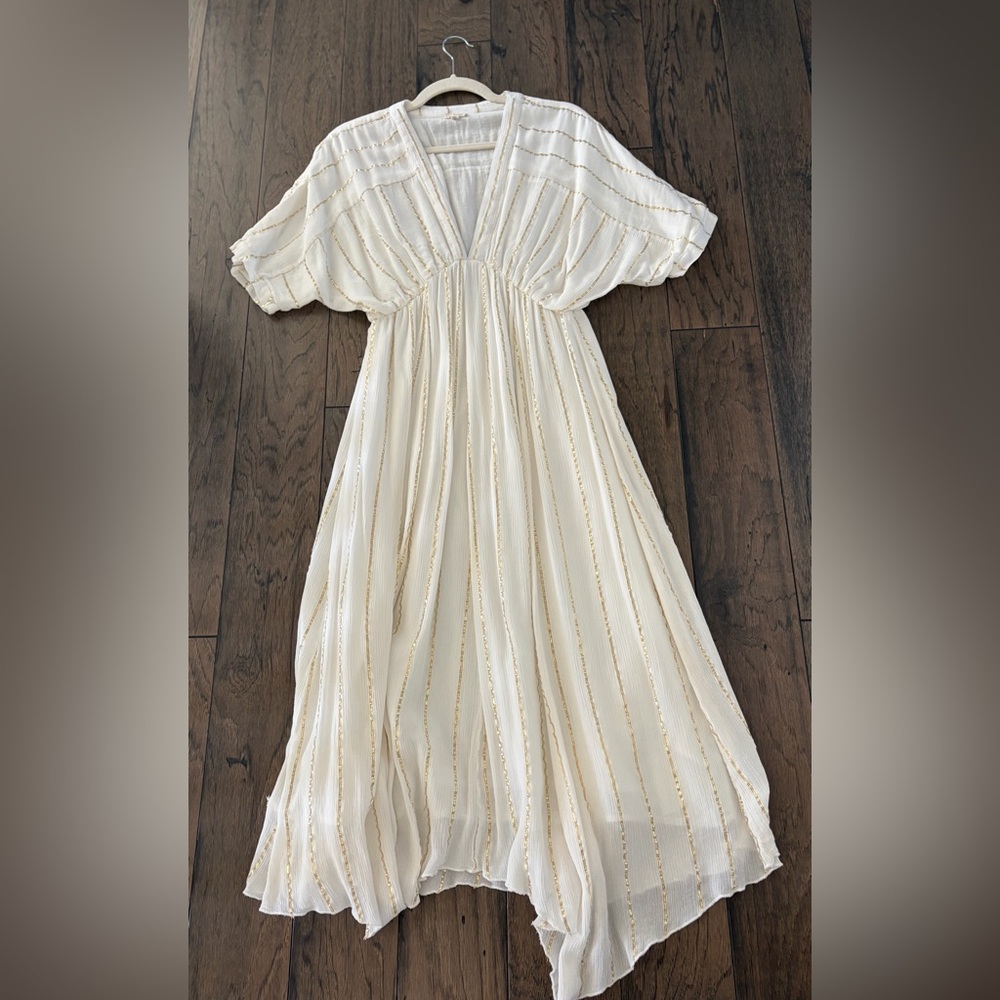 En Creme Cream Midi Dress with Gold Stripe Trim